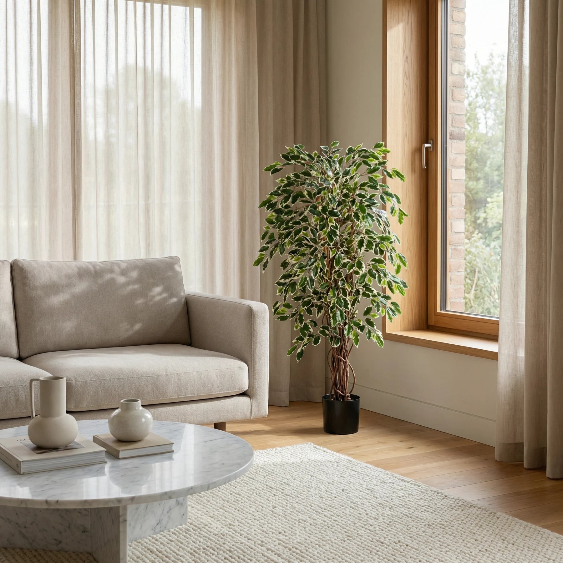 Künstlicher Ficus - Ravian, 120 cm, Kunstbaum von aplanta, mit Echtholzstamm, inkl. Startertopf, in Natur, für drinnen