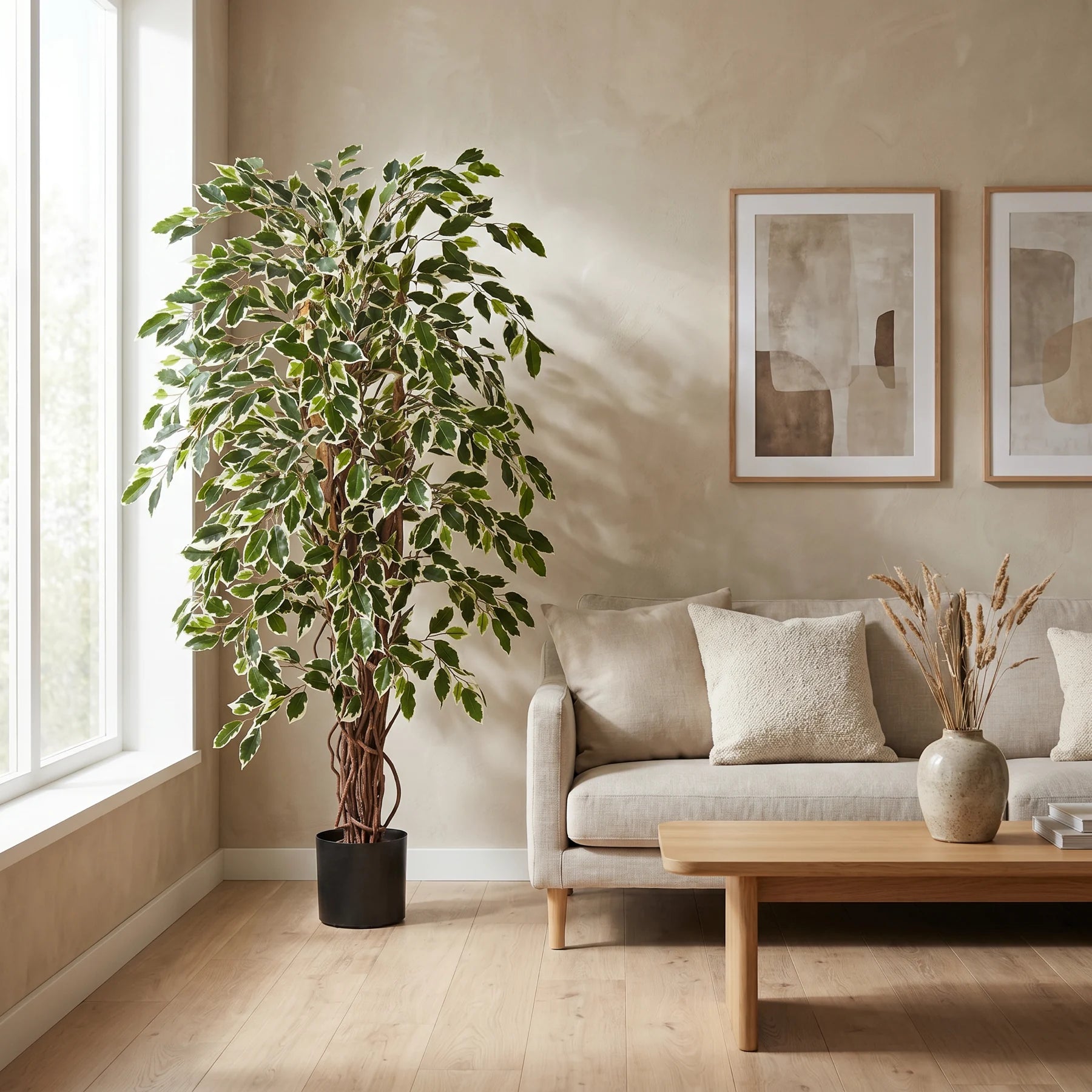 Künstlicher Ficus - Ravian, 150 cm, Kunstbaum von aplanta, mit Echtholzstamm, inkl. Startertopf, in Natur, für drinnen