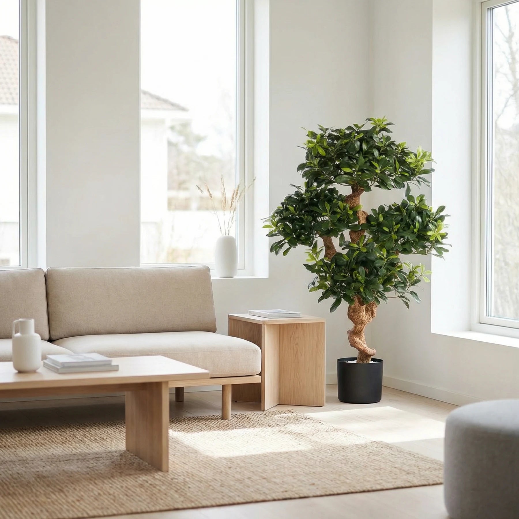 Künstlicher Pittosporum - Pierre, 120 cm, Kunstbaum von aplanta, im schwarzen Topf, in Natur, für drinnen