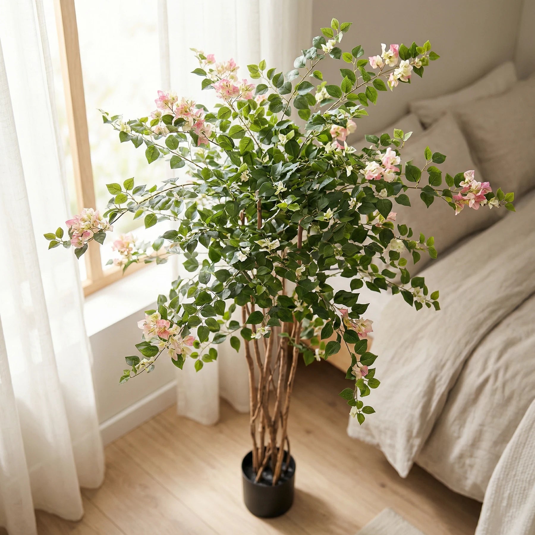 Künstlicher Drillingsblumenbaum - Rike, 150 cm, Kunstbaum von aplanta, mit Echtholzstamm, in Pink, für drinnen
